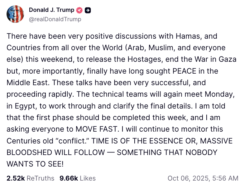 以哈谈判今日开始 特朗普警告各方勿拖延